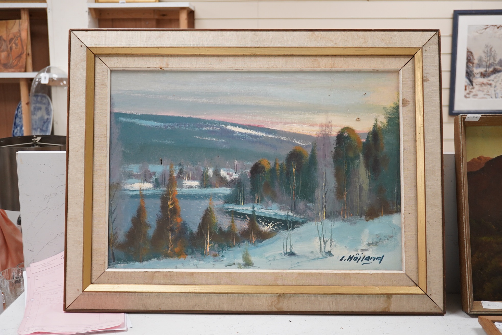 Sven-Erik Hojland (Swedish, 1922-1979), oil on canvas, Winter landscape, signed, 43 x 64cm. Condition - poor